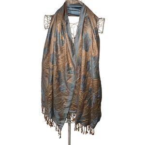 Pashmina Silk Blend Floral Bird Jacquard Scarf Shawl Bronze Blue Fringe Wrap